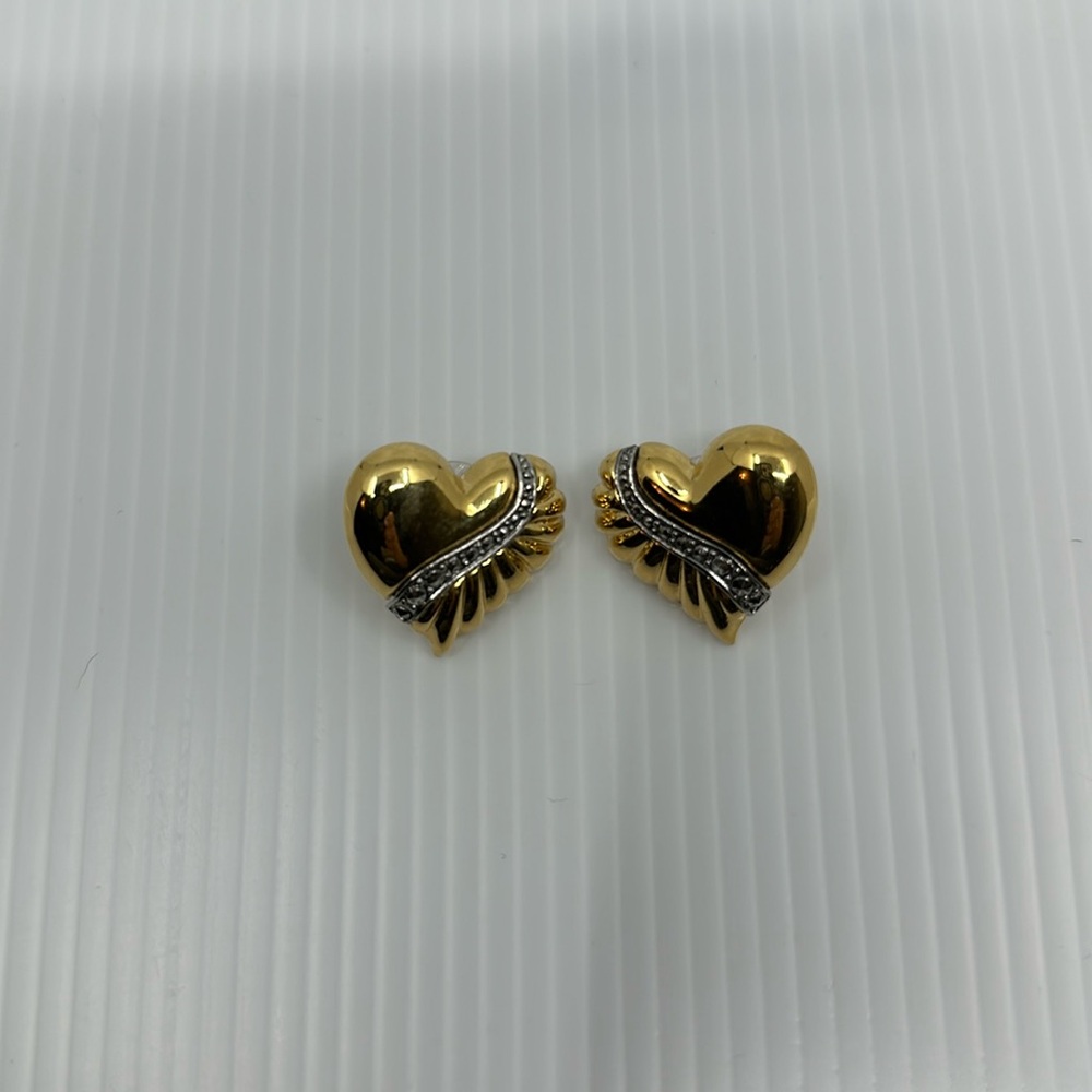 Heart gold & silvertone rhinestone pierced earrings